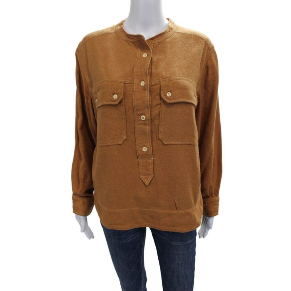 Marant Etoile Womens Silk Henley Button Cuff Long Sleeve Blouse Brown Size 38